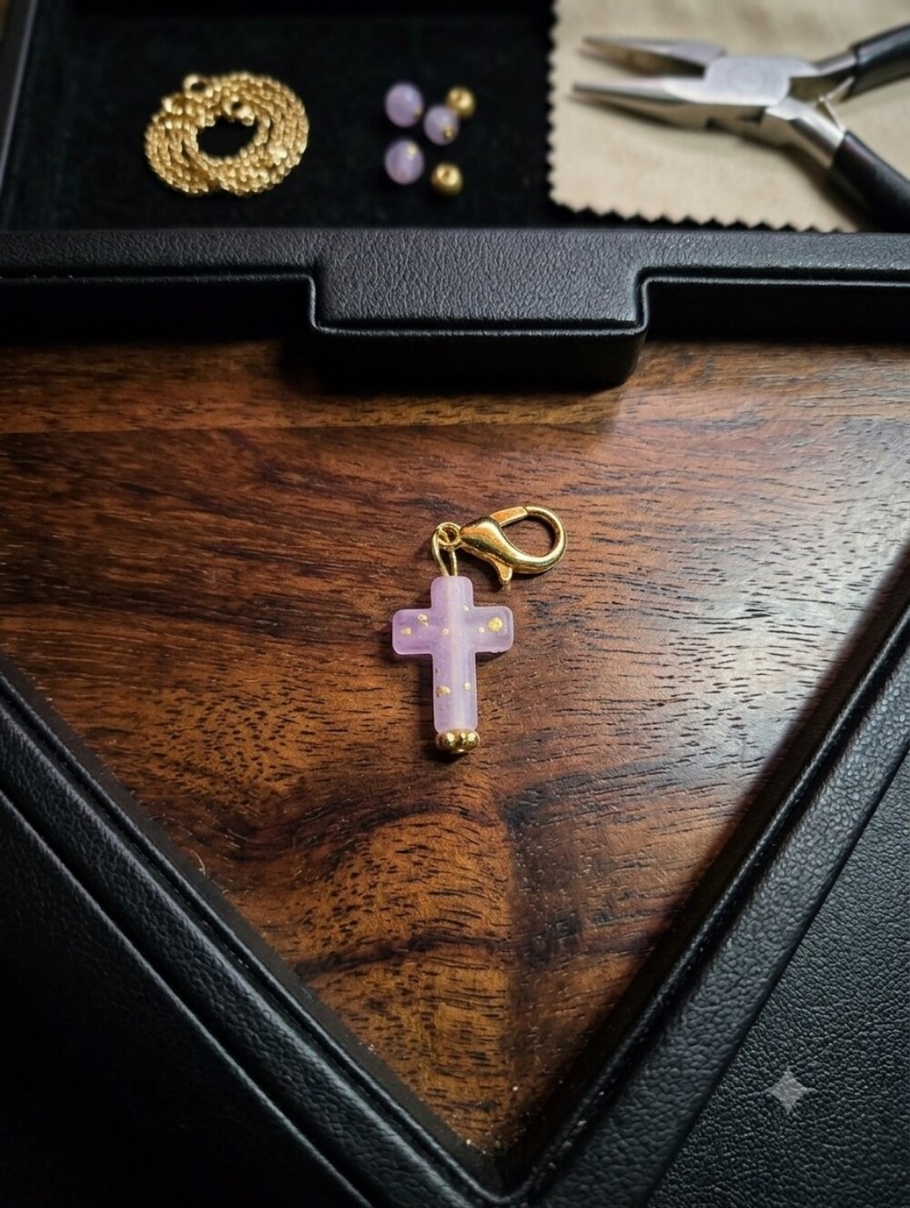 Gold Cross Charm with Lavender Opal Accent - Women's Accessory